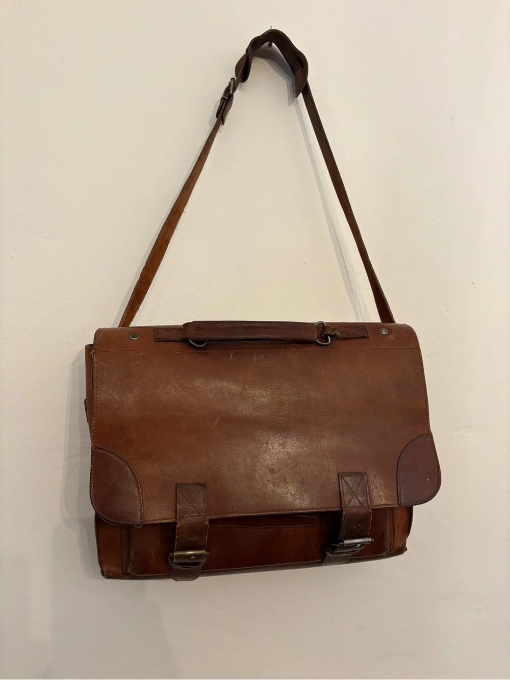 Gorgeous, vintage handmade Brown Leather Messenger Bag Briefcase satchel
